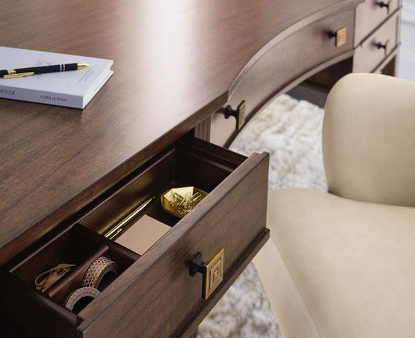 Hooker Furniture Diplomat Figured Walnut Writing Desk With Removable Writing Surfaces, Drop-Front Drawer, Gold Knobs 6082-10458-89