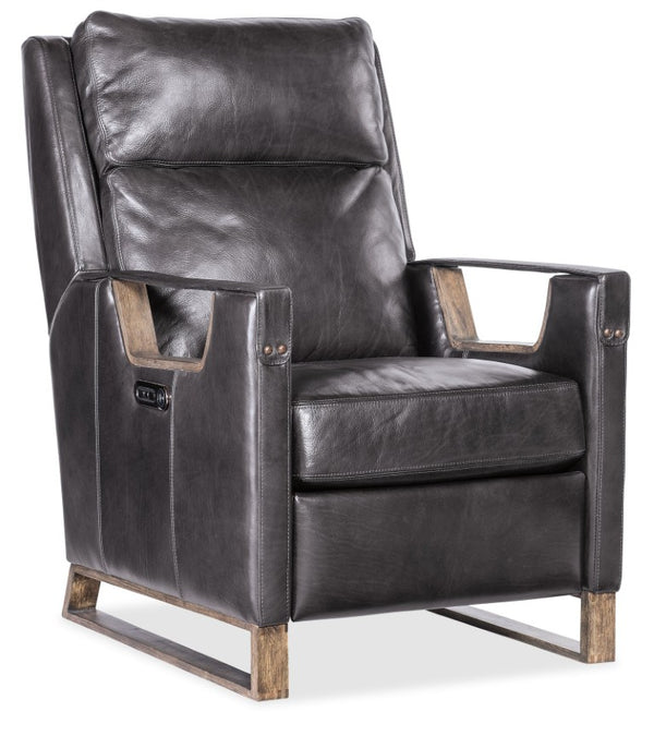 Hooker Furniture Relic Taupe Semi-Aniline Leather Power Recliner With Usb, Adjustable Headrest, Bustle Back & Wood Base Black RC810-PH-098