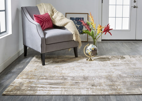 Feizy Rugs Parker Abstract Distressed Rug - Contemporary Viscose And Polyester Design For Modern Interiors Tan,Ivory,Gray Viscose,Polyester Prk3709fgrybgej00