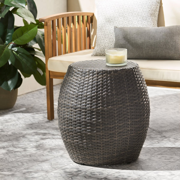 English Elm Outdoor Wicker Bombe Side Table Sculptural Iron Frame Weather Resistant Patio Accent Grey 60746.00GRY
