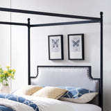 Christopher Knight Home® - Noble House - Beechmont Queen Size Iron Canopy Bed Frame With Upholstered Studded Headboard