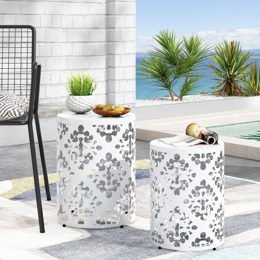 English Elm Metal Nesting End Table Set of Two with Floral Iron Cut Design for Living Room White 73604.00WHI