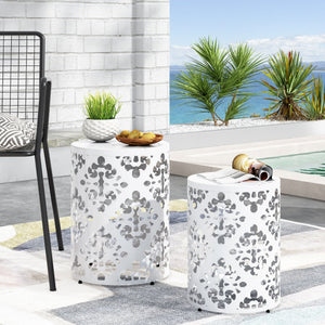 English Elm Metal Nesting End Table Set of Two with Floral Iron Cut Design for Living Room White 73604.00WHI