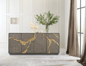 Hooker Furniture Melange Dark Oak Fissured Entertainment Credenza With Gold Accents, Olive Interior & Media Storage 628-55068-89