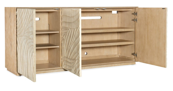 Hooker Furniture Retreat Coastal Entertainment Credenza With Carved Wave Fronts, Soft-Close Doors, Vented Av Hub Light Wood 6950-55472-80