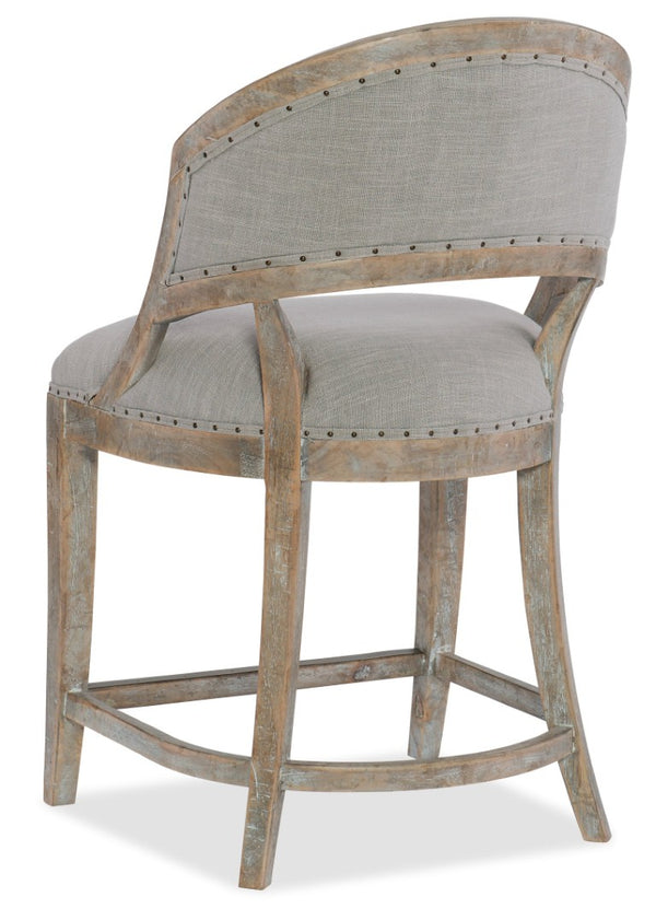 Hooker Furniture Boheme Garnier Barrel-Back Counter Stool In Antwerp Linen, Antique Milk White Finish, Copper Footrest 5750-25350-MWD