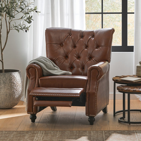 English Elm Christopher Knight Home® - Button Button Tufted Heavy Duty Manual Push-Back Recliner Chair with Nailhead Accents and Comfort Backrest Light Brown 71976.00PUCOGN