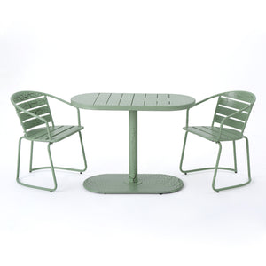 English Elm Santa Monica Outdoor Bistro Set Powder Coated Iron Oval Table Two Slat Chairs Patio Green 62015.00CGRN