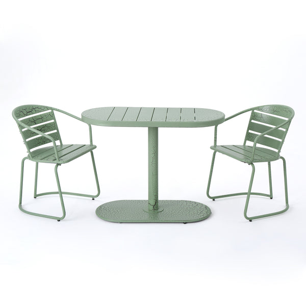 English Elm Santa Monica Outdoor Bistro Set Powder Coated Iron Oval Table Two Slat Chairs Patio Green 62015.00CGRN