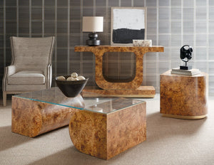 Hooker Furniture Melange Mappa Burl Half-Oval Accent Table With Warm Golden Finish And Gold Plinth Base, 22X24x24 628-50718-80