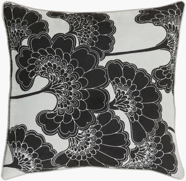 Surya Japanese Floral Pillow - 18"X18" Elegant Accent Cushion For Home Decor, Cotton-linen Blend, Easy Care Black Linen,Cotton Ja002-1818