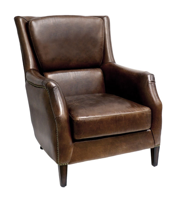 Pasargad Home Baker Wing Chair - Vintage Cigar Brown Leather With Elegant Dark Wood Legs Brown Leather Chair-900
