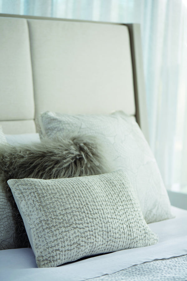 Bernhardt Bernhardt Axiom King Upholstered Panel Bed — Winged Headboard, Linear Gray Wood, Durable Slat Support K1089