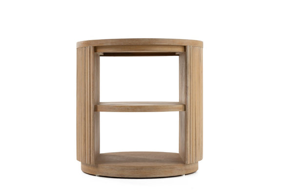 VIG Furniture Jacobson Round Acacia End Table With Vertical Ridges, Dual Shelves & Natural Light Finish, 21.6" VGWD-LYO-BF2D