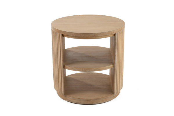 VIG Furniture Jacobson Round Acacia End Table With Vertical Ridges, Dual Shelves & Natural Light Finish, 21.6" VGWD-LYO-BF2D