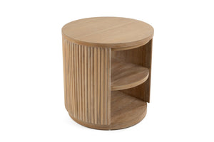 VIG Furniture Jacobson Round Acacia End Table With Vertical Ridges, Dual Shelves & Natural Light Finish, 21.6" VGWD-LYO-BF2D