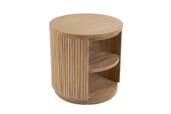 VIG Furniture Jacobson Round Acacia End Table With Vertical Ridges, Dual Shelves & Natural Light Finish, 21.6" VGWD-LYO-BF2D