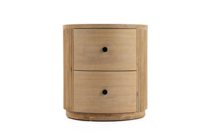 VIG Furniture Jacobson Round Acacia Nightstand With Vertical Groove FaçAde, 2 Smooth-Glide Drawers, Warm Finish VGWD-LYO-BST02