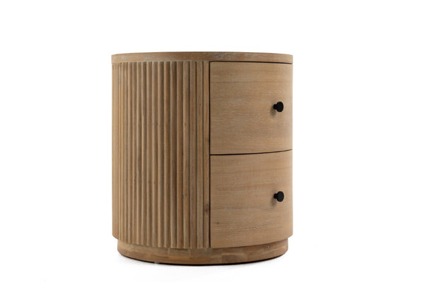 VIG Furniture Jacobson Round Acacia Nightstand With Vertical Groove FaçAde, 2 Smooth-Glide Drawers, Warm Finish VGWD-LYO-BST02