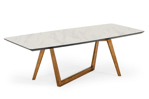 VIG Furniture James Sculptural Walnut & White Marble Dining Table, Seats 8, Asymmetrical Base, Modern Luxury VGCSDT-19078-WAL-DT