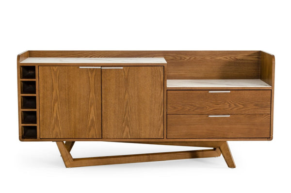 VIG Furniture James Sculptural Walnut Buffet With White Engineered Marble Top, Asymmetrical Base & Wine Cubby VGCSSB-19078-WAL-BUF