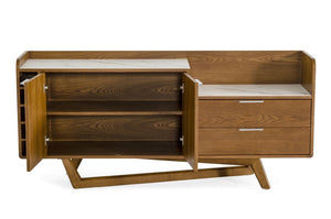 VIG Furniture James Sculptural Walnut Buffet With White Engineered Marble Top, Asymmetrical Base & Wine Cubby VGCSSB-19078-WAL-BUF