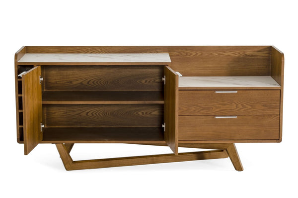 VIG Furniture James Sculptural Walnut Buffet With White Engineered Marble Top, Asymmetrical Base & Wine Cubby VGCSSB-19078-WAL-BUF