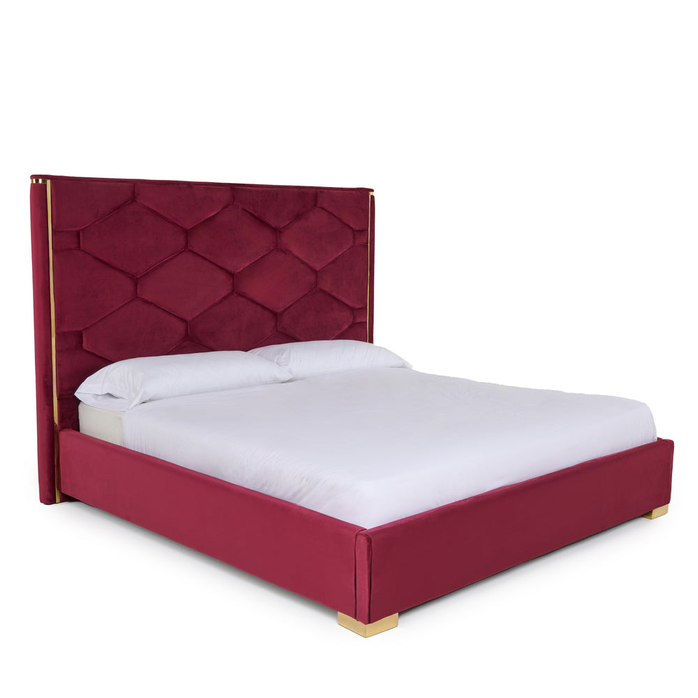 Eastern King Modrest Janet Bed - Luxurious Red Velvet Upholstered Design with Gold Accents