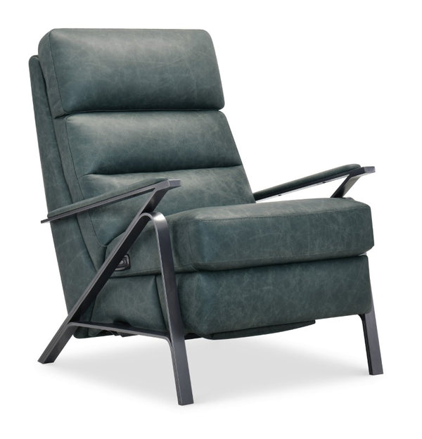 Hooker Furniture Elixir Semi-Aniline Leather Power Recliner With Usb, Channeled Back & Gunmetal Frame For Modern Rooms Blue RC425-PH-039