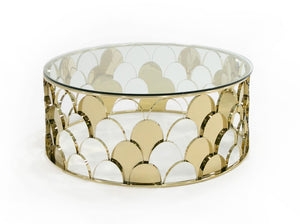 VIG Furniture Javier Champagne Gold Round Coffee Table With 39" Tempered Glass Top — Sculptural Modern Glam Centerpiece VGVCCT088