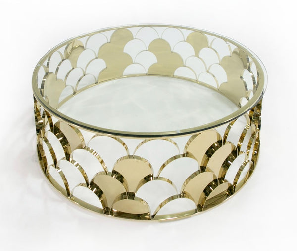 VIG Furniture Javier Champagne Gold Round Coffee Table With 39" Tempered Glass Top — Sculptural Modern Glam Centerpiece VGVCCT088