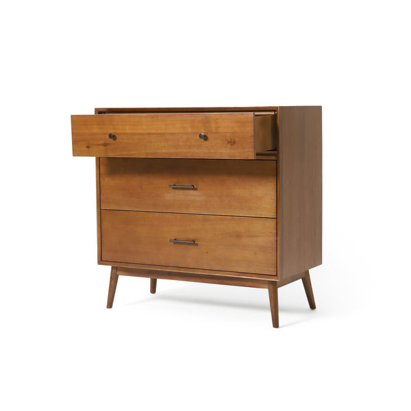 English Elm Christopher Knight Home® - Okioki Mid-Century 3-Drawer Dresser in Acacia Wood — Sturdy, Smooth-Glide Storage for Bedrooms Brown 67064.00MEDBRN