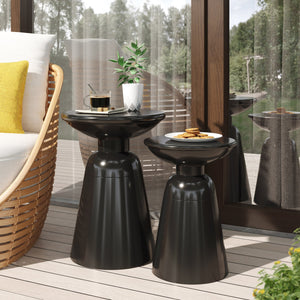 English Elm Serenita Outdoor Powder Coated Iron Pedestal Side Tables Sculptural Flared Set of Two Black 73614.00BLK
