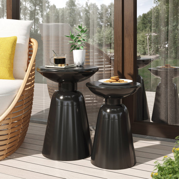 English Elm Serenita Outdoor Powder Coated Iron Pedestal Side Tables Sculptural Flared Set of Two Black 73614.00BLK