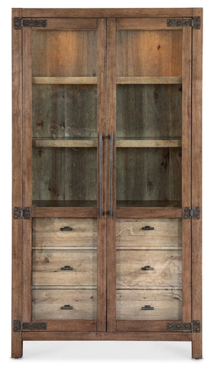 Hooker Furniture Vineyard Pecky Hickory Display Cabinet With Seeded Glass, Two-Tone Finish, Soft-Close Drawers & Lighting 6952-75906-85