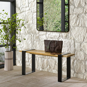 English Elm Nessa Solid Acacia Bench in Natural Finish — Handcrafted Industrial Entryway Seat with Metal Legs, 42" B136P159010