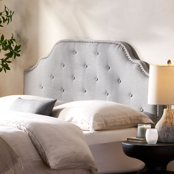 English Elm Tufted Queen Headboard with Nailhead Trim Solid Wood Frame and Adjustable Metal Legs Light Grey 57877.00LGRY