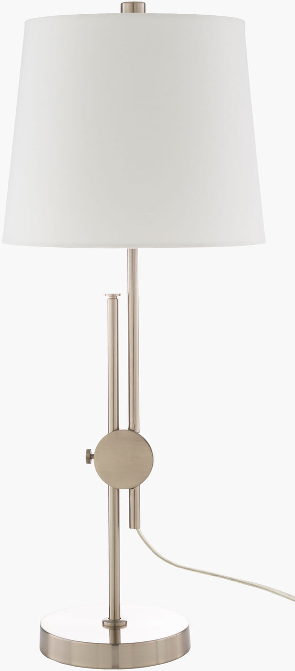 Surya Jace Modern 25" Accent Table Lamp With Chic Polyester Shade & Durable Metal Body For Stylish Decor Body, Metallic ,Nickel,Base, Metallic ,Nickel,Shade (Outside), Ivory,Shade (Inside), White,Finial, Metallic ,Nickel,Harp, Metallic ,Nickel,Cord, Translucent Iron,Iron,Polyester,Iron Jce-001