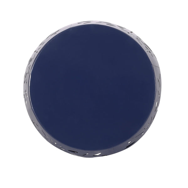 English Elm Metal Cylindrical Accent Table Powder Coated Iron with Tropical Palm Leaf Lattice Design Navy Blue 73613.00NBLU