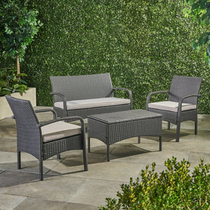 English Elm Christopher Knight Home® - CORDOBA PE Rattan 4-Pc Wicker Chat Set with Cushions, Iron Legs & Waterproof Fabric Comfort Grey 57458.00GRY