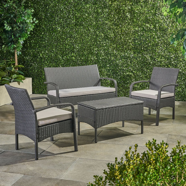 English Elm Christopher Knight Home® - CORDOBA PE Rattan 4-Pc Wicker Chat Set with Cushions, Iron Legs & Waterproof Fabric Comfort Grey 57458.00GRY