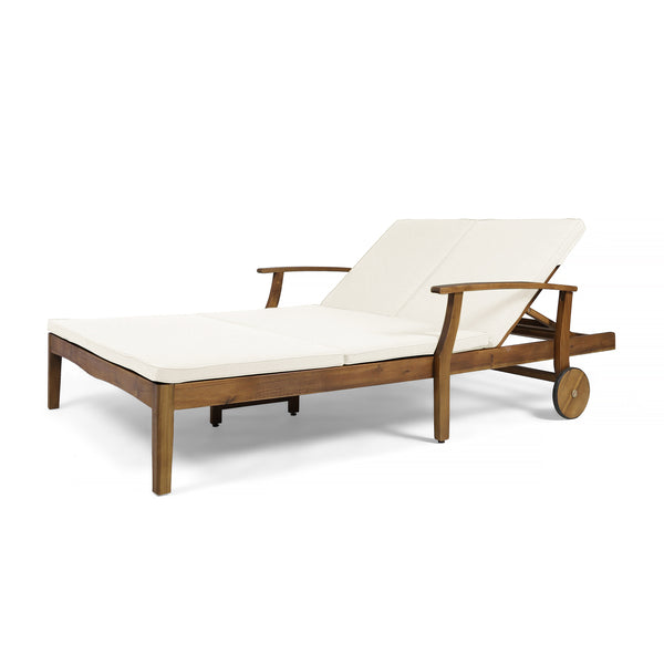 English Elm Christopher Knight Home® - Perla Double Chaise Lounge - Elegant Cream Acacia Wood For Poolside Relaxation & Adjustable Comfort 63357.00CRM