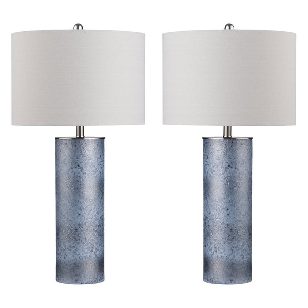 Crestview Collection Transitional Cylinder Table Lamp - Elegant Blue Glass, Oatmeal Linen Shade, Perfect For Any Space   Cvabs2222