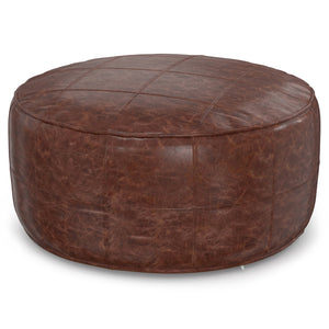 English Elm Connor - Handcrafted 34" Round Leather Pouf Coffee Table In Distressed Brown For Versatile Living Spaces B136P159353