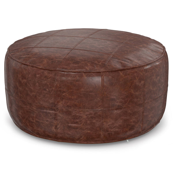 English Elm Connor - Handcrafted 34" Round Leather Pouf Coffee Table In Distressed Brown For Versatile Living Spaces B136P159353