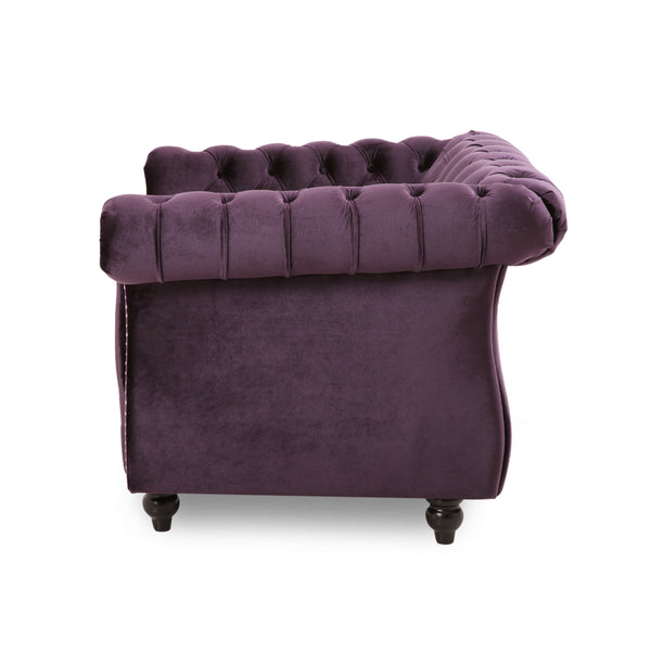 English Elm Christopher Knight Home® - Chesterfield Velvet Club Chair with Birch Wood Legs — Luxurious Textures, Deep Comfort, Elegant Accent Seating Dark Purple 34.75 L x 34 W x 24.75 H 66583.00BLKBRY