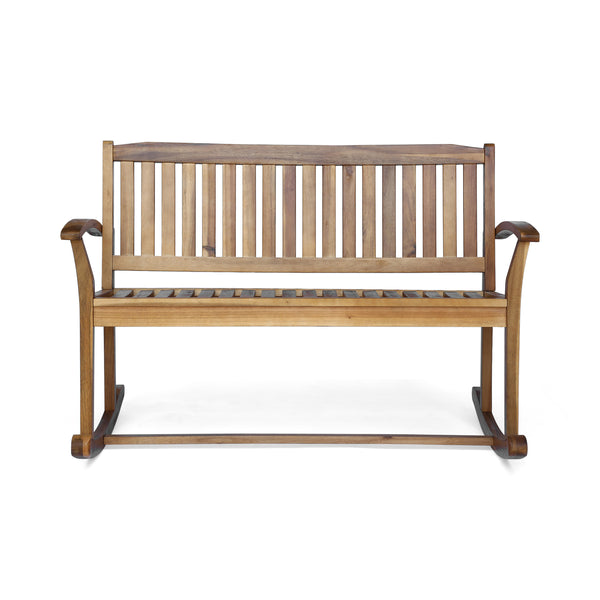 English Elm Christopher Knight Home® - Patio Acacia Wood Rocking Loveseat with Armrests — Handcrafted 2-Person Porch Bench, Slatted Comfort Natural 62267.00