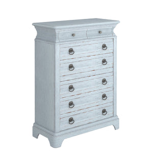A.R.T. Furniture Summer Elegance Drawer Chest - Shutter Blue Flakey Oak, 8 Drawers With Secret Compartment & Chevron Design Blue Flakey Cathedral Oak Veneer,Parawood Solids 251150-1361