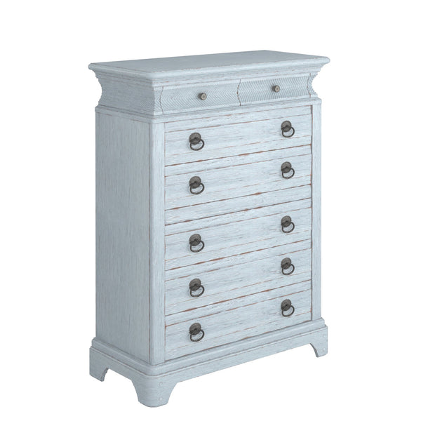 A.R.T. Furniture Summer Elegance Drawer Chest - Shutter Blue Flakey Oak, 8 Drawers With Secret Compartment & Chevron Design Blue Flakey Cathedral Oak Veneer,Parawood Solids 251150-1361