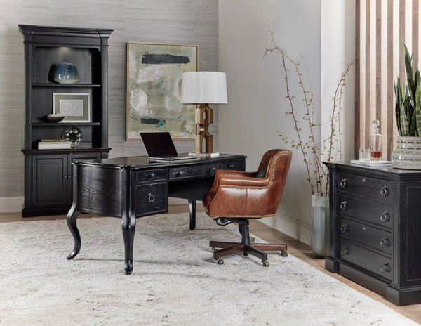 Hooker Furniture Bristowe Executive Desk With Pecan Veneers, Tuxedo Black Finish, Cabriolè Legs & Hidden Storage 5971-10458-99
